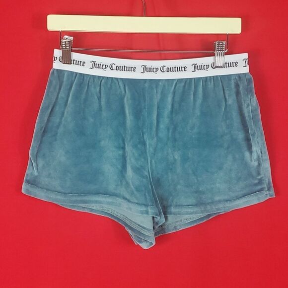 JUICY COUTURE Velour Shorts Teal Bling Rhinestones Y2K Womens Size Large - Picture 2 of 6